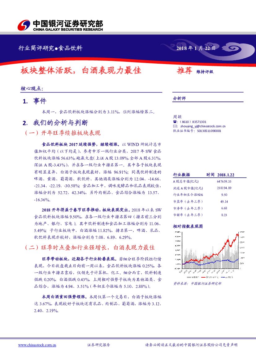 中国银河：食品饮料行业简评研究：板块整体活跃，白酒表现力最佳