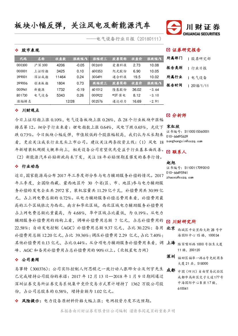 川财证券：电气设备行业日报：板块小幅反弹，关注风电及新能源汽车