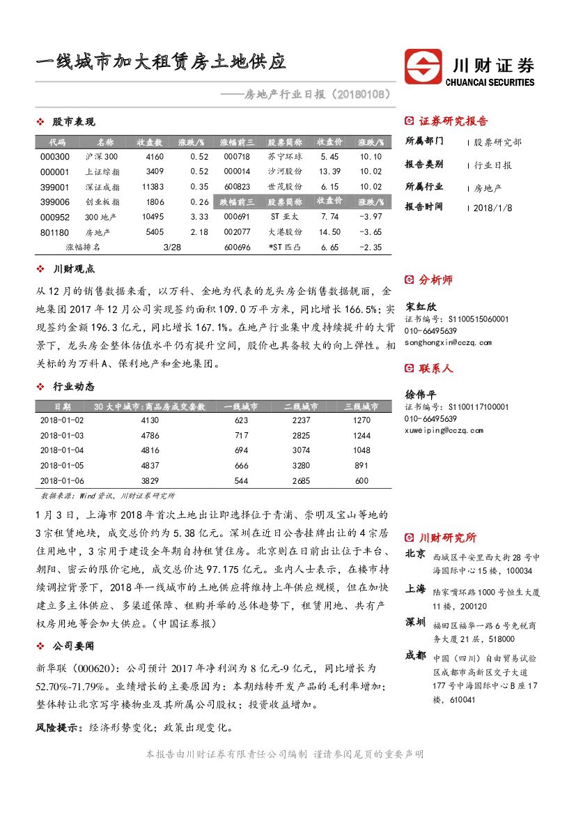 川财证券：房地产行业日报：一线城市加大租赁房土地供应