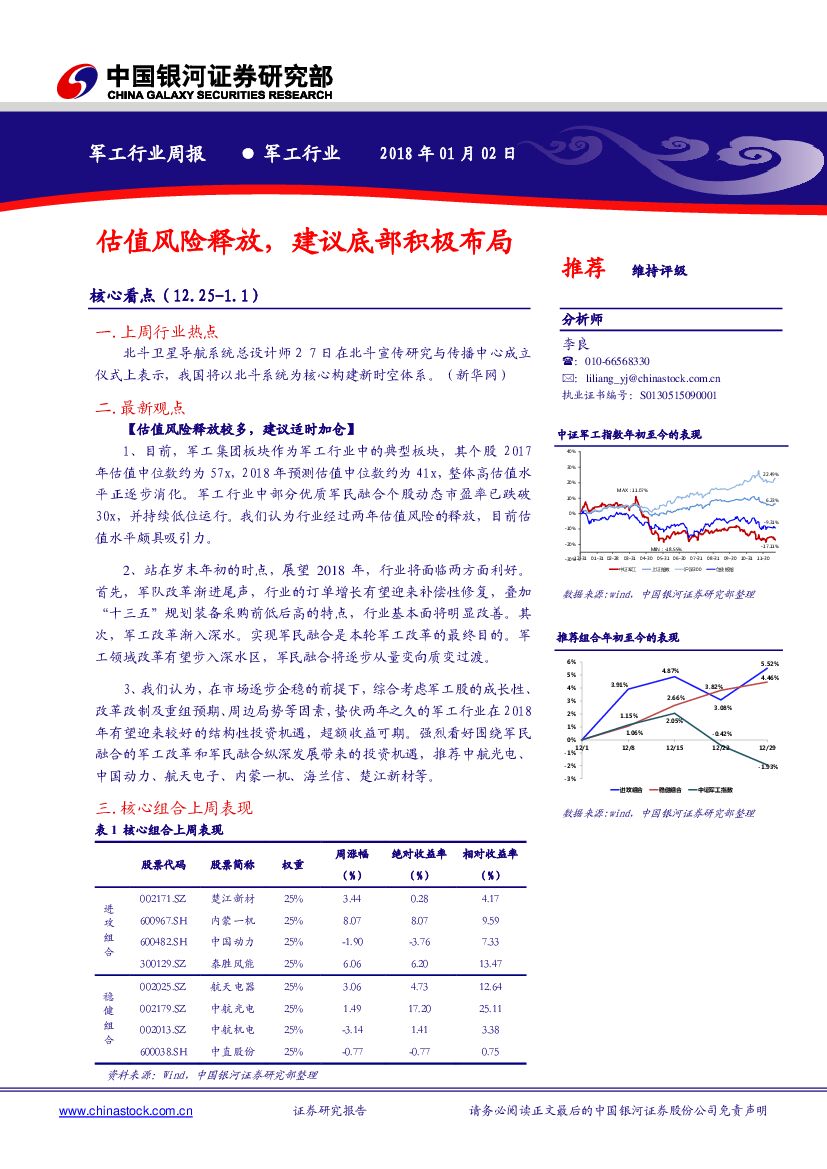 中国银河：军工行业周报：估值风险释放，建议底部积极布局