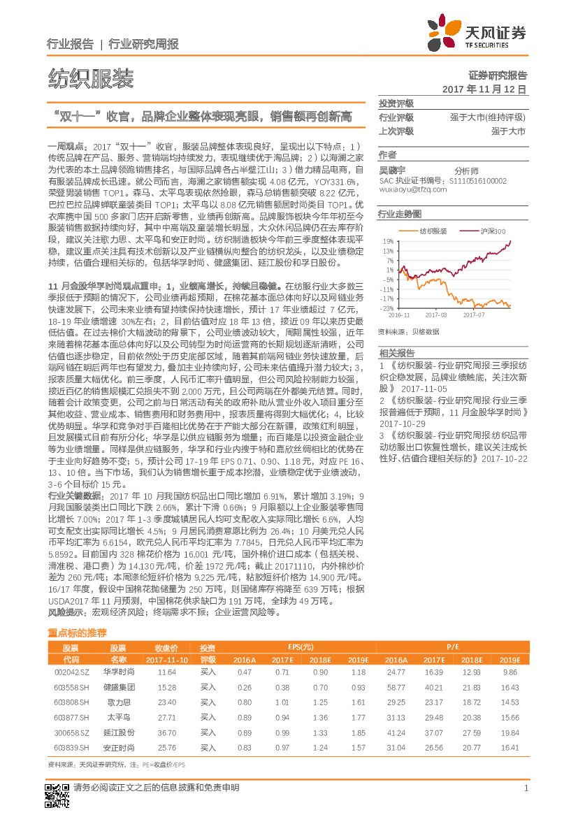 天风证券：纺织服装行业研究周报：“双十一”收官，品牌企业整体表现亮眼，销售额再创新高
