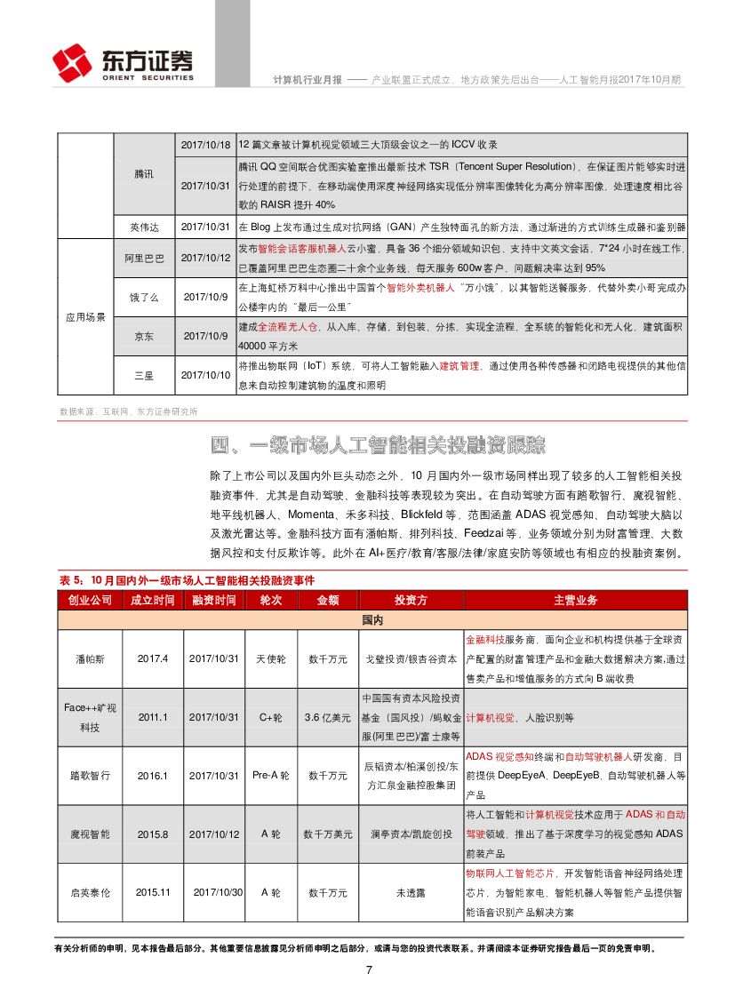 东方证券：人工智能月报2017年10月期：产业联盟正式成立，地方政策先后出台_第7页