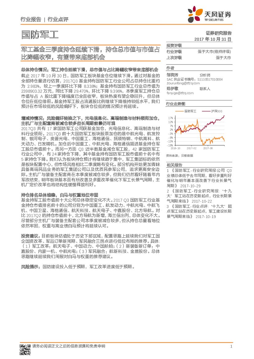 天风证券：国防<em>军工</em>行业报告：<em>军工</em>基金三季度持仓延续下滑，持仓总市值与市值占比降幅收窄，有望带来底部机会 海报