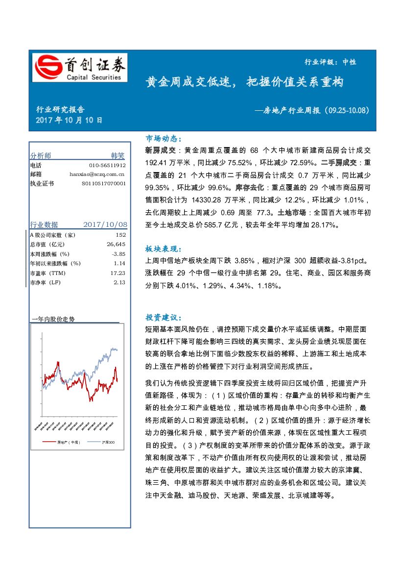 首创证券：房地产行业周报：黄金周成交低迷，把握价值关系重构