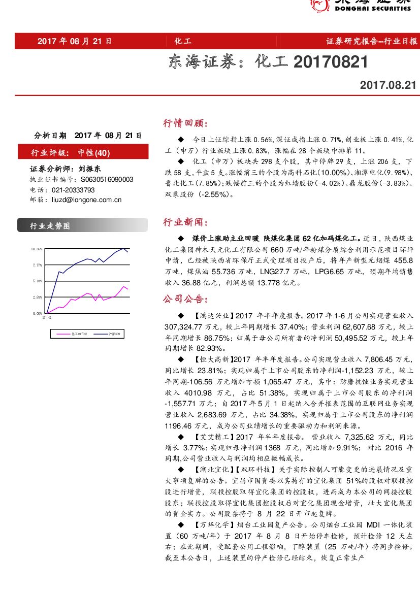 东海证券：化工行业日报