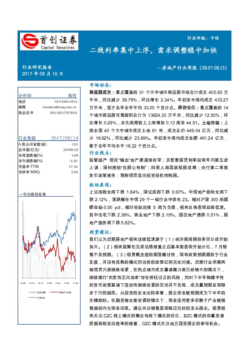 首创证券：房地产行业周报：二线利率集中上浮，需求调整稳中加快