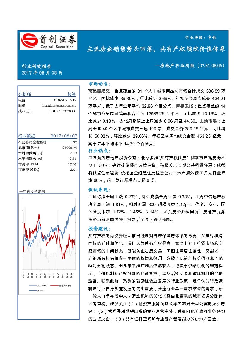 首创证券：房地产行业周报：主流房企销售势头回落， 共有产权续改价值体系