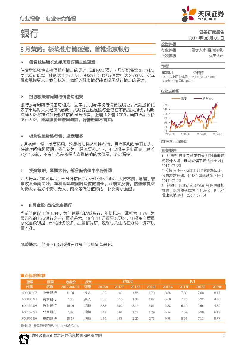 天风证券：银行：8月策略 板块性行情延续，首推北京银行