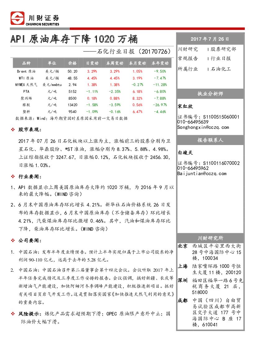 川财证券：石化行业日报：API原油库存下降1020万桶
