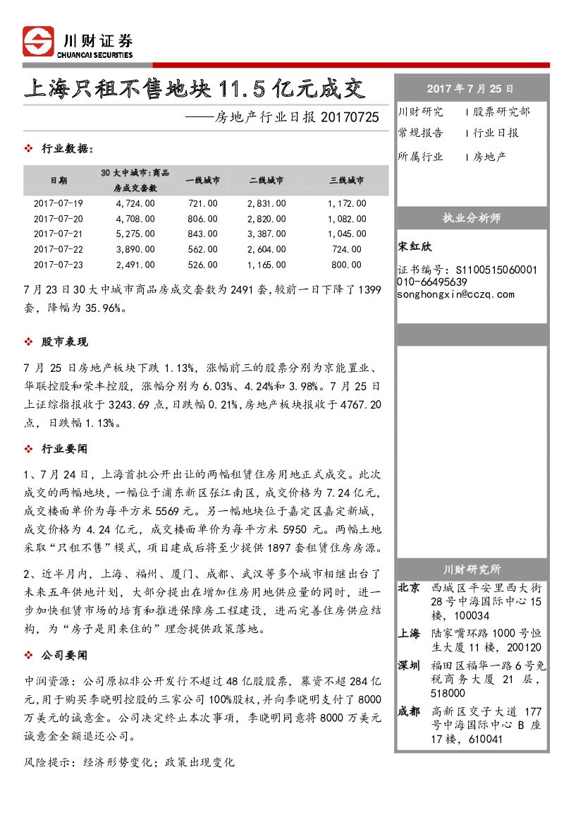 川财证券：房地产行业日报：上海只租不售地块11.5亿元成交