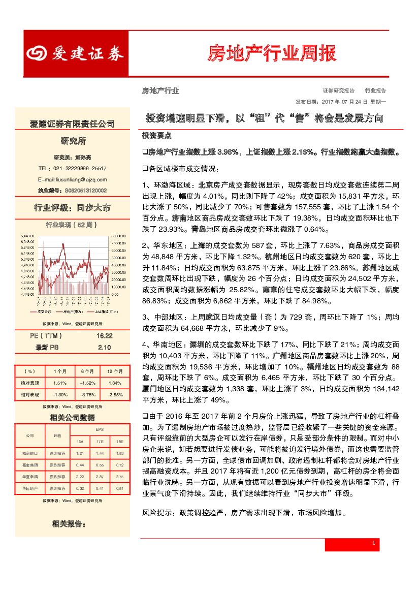爱建证券：房地产行业周报：投资增速明显下滑，以“租”代“售”将会是发展方向