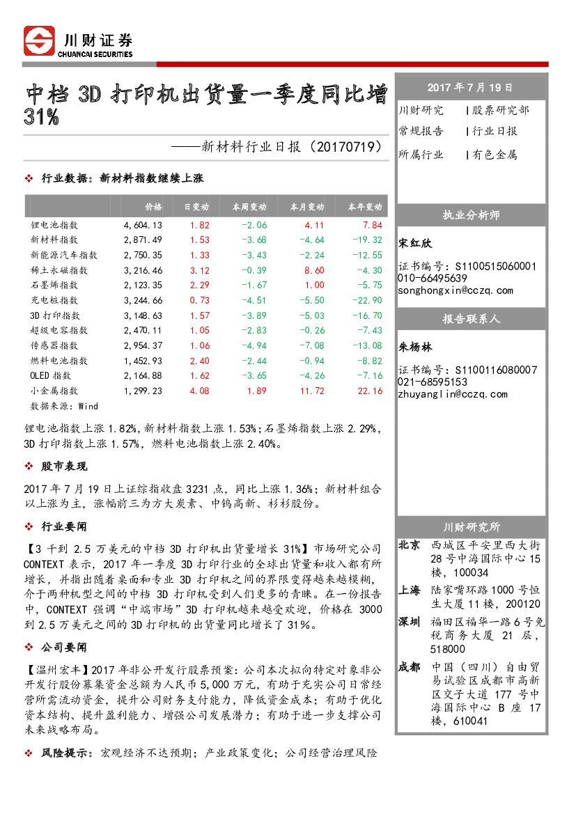川财证券：新材料行业日报：中档3D打印机出货量一季度同比增31%