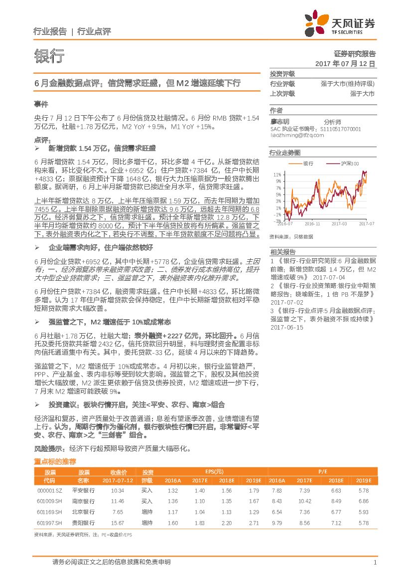 天风证券：银行6月金融数据点评：信贷需求旺盛，但M2增速延续下行