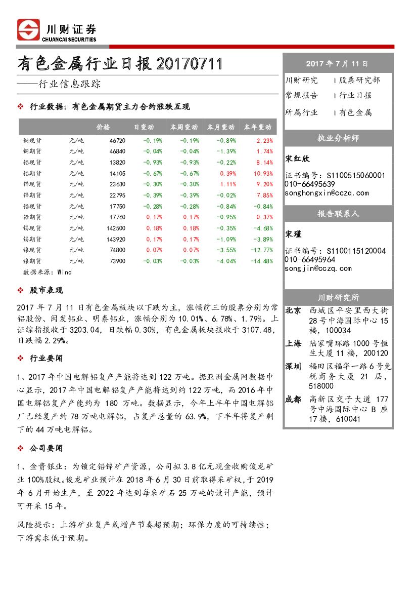 川财证券：有色金属行业日报