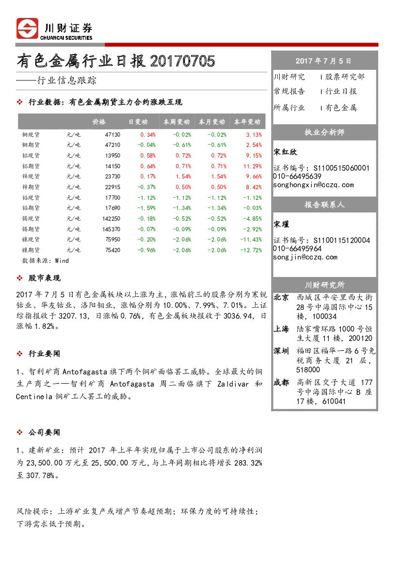 川财证券：有色金属行业日报