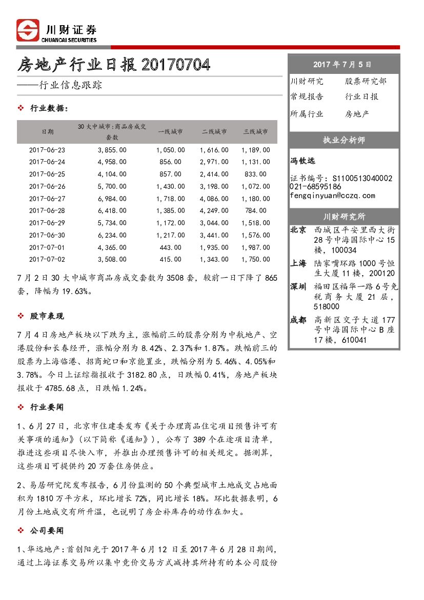 川财证券：房地产行业日报
