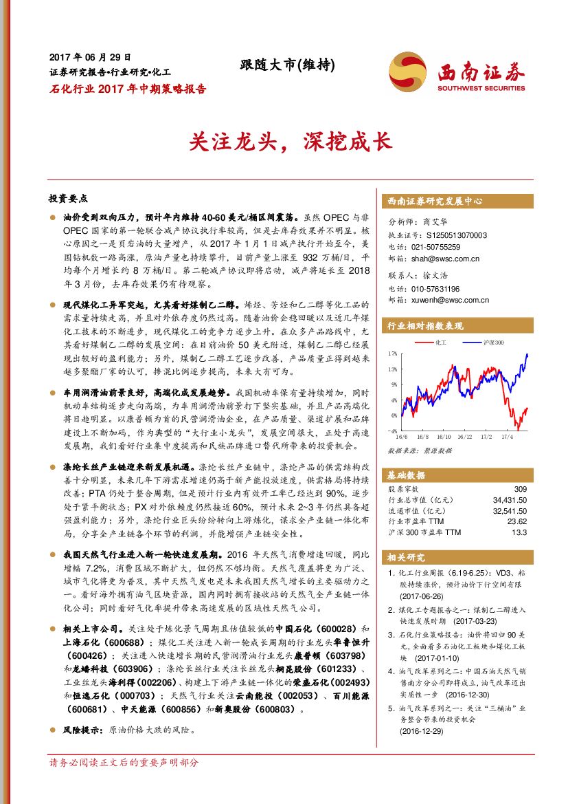 西南证券：石化行业2017年中期策略报告：关注龙头，深挖成长