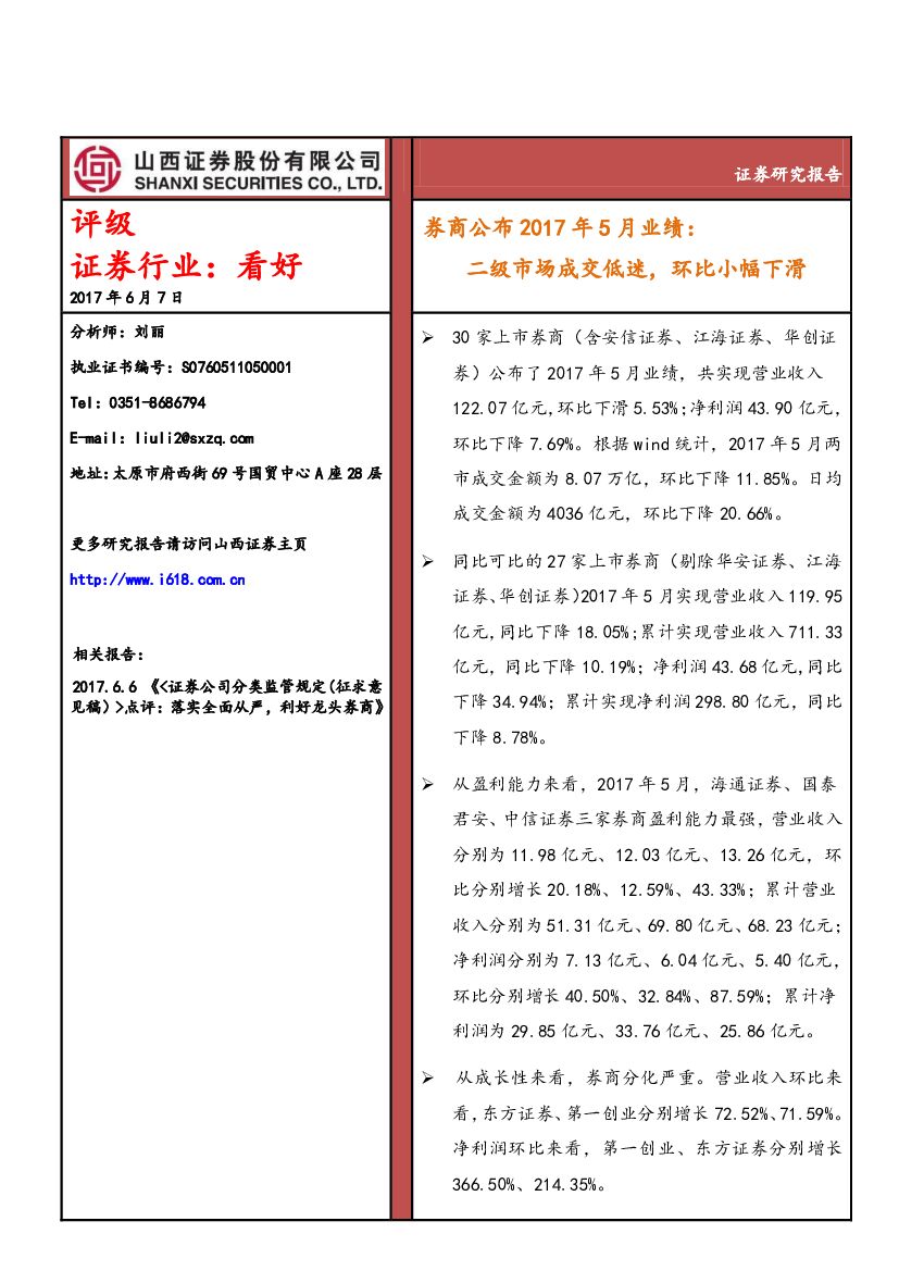 山西证券：证券行业：券商公布2017年5月业绩：二级市场成交低迷， 环比小幅下滑
