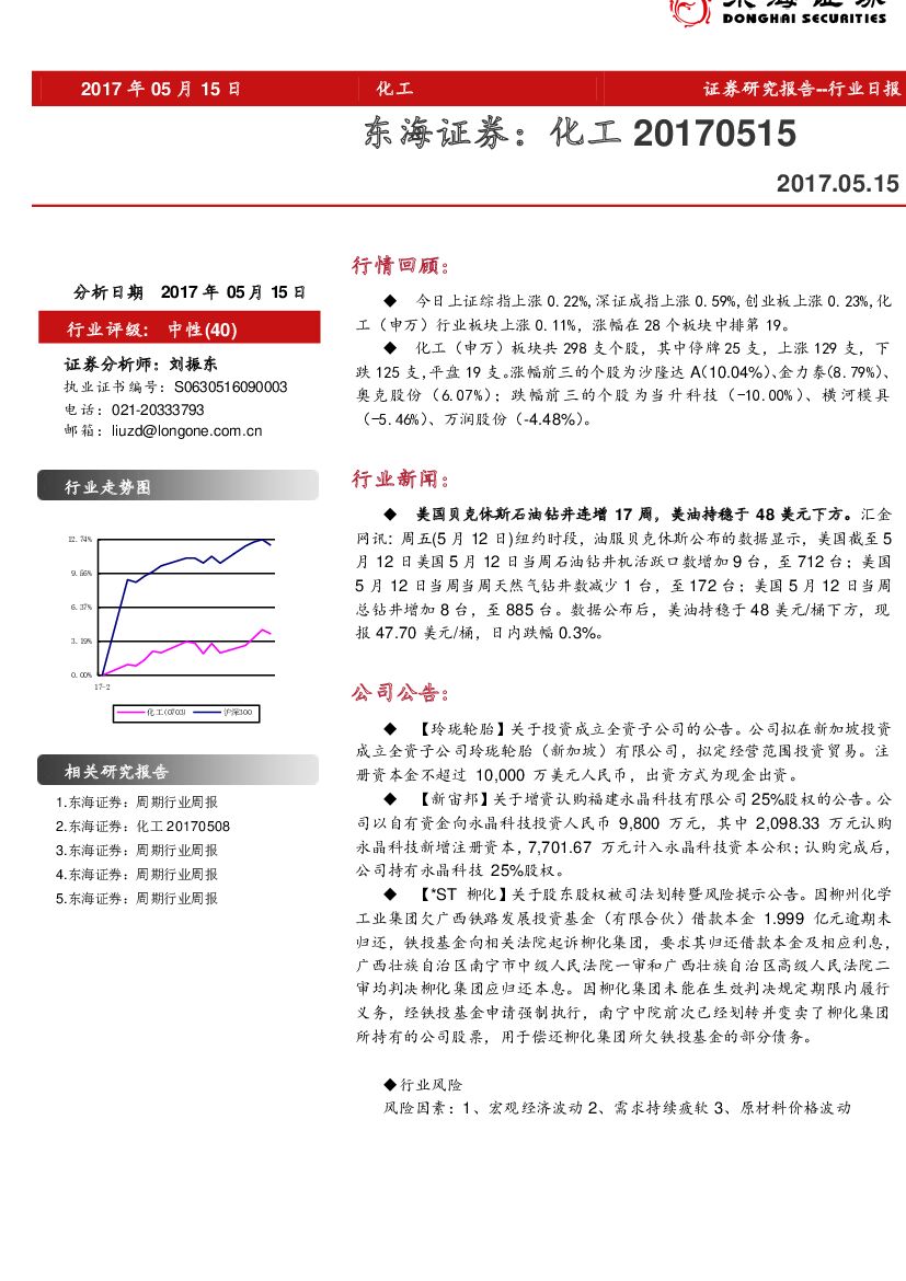 东海证券：化工行业日报