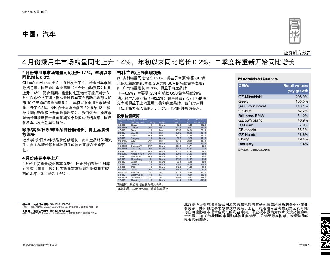 高华证券：汽车：4月份乘用车市场销量同比上升1.4%，年初以来同比增长0.2%；二季度将重新开始同比增长