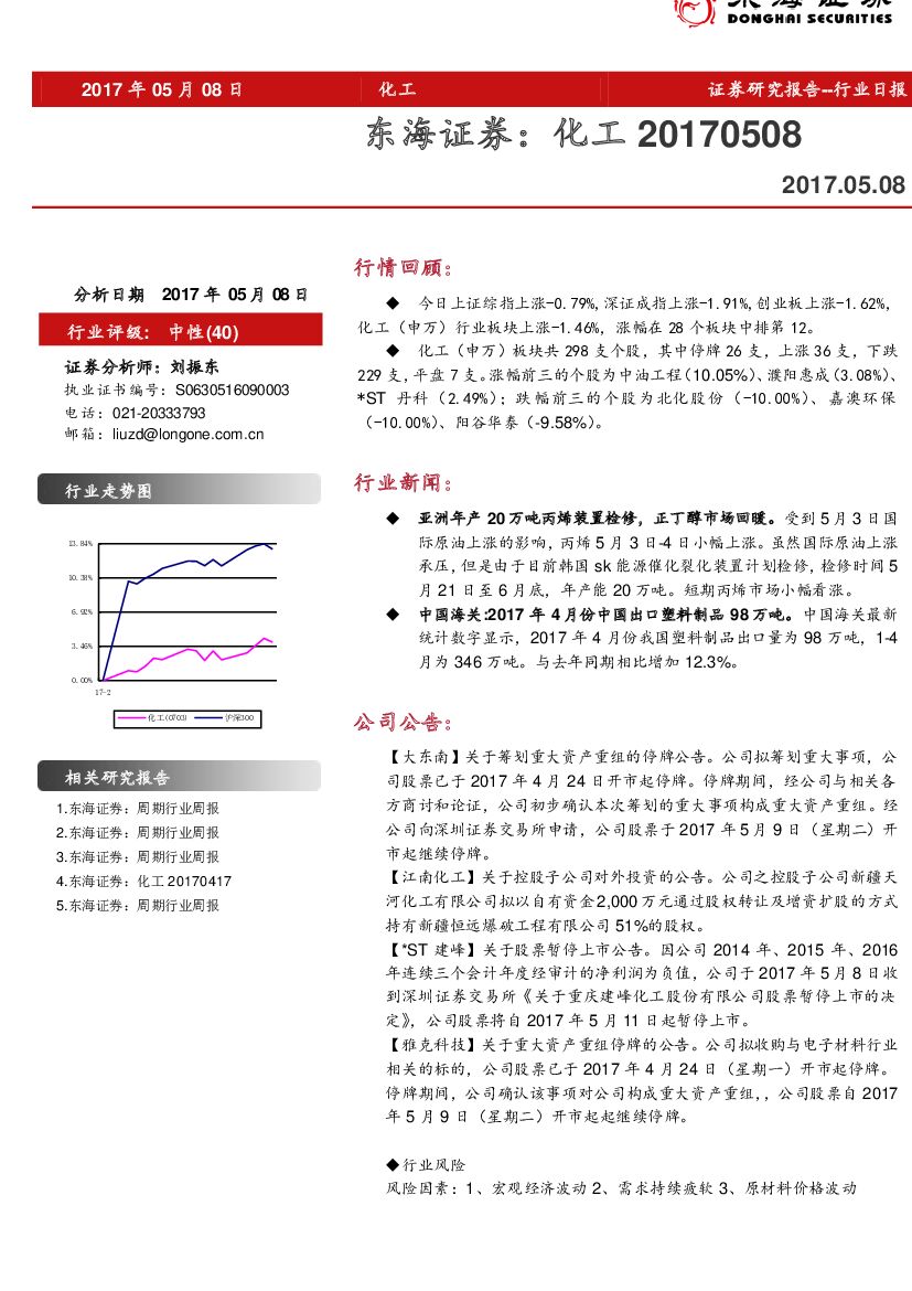 东海证券：化工行业日报