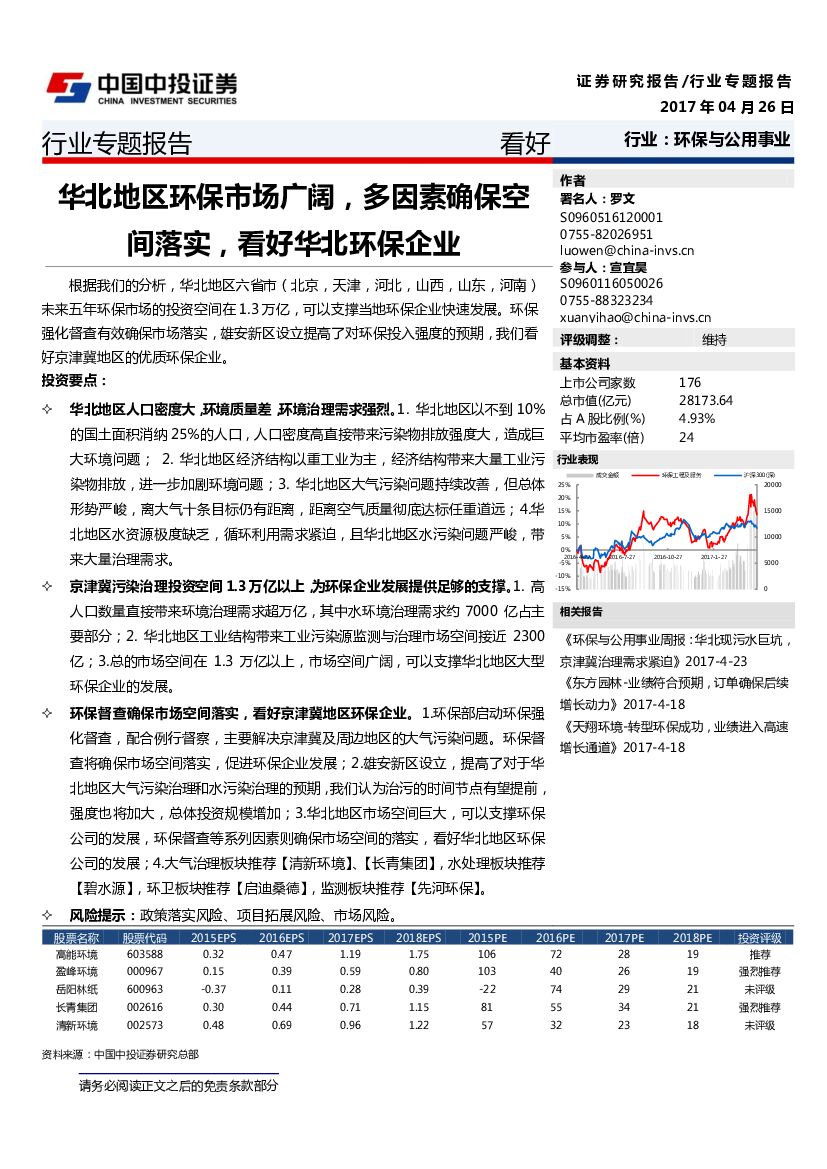 中投证券：环保与公用事业行业专题报告：华北地区环保市场广阔，多因素确保空间落实，看好华北环保企业