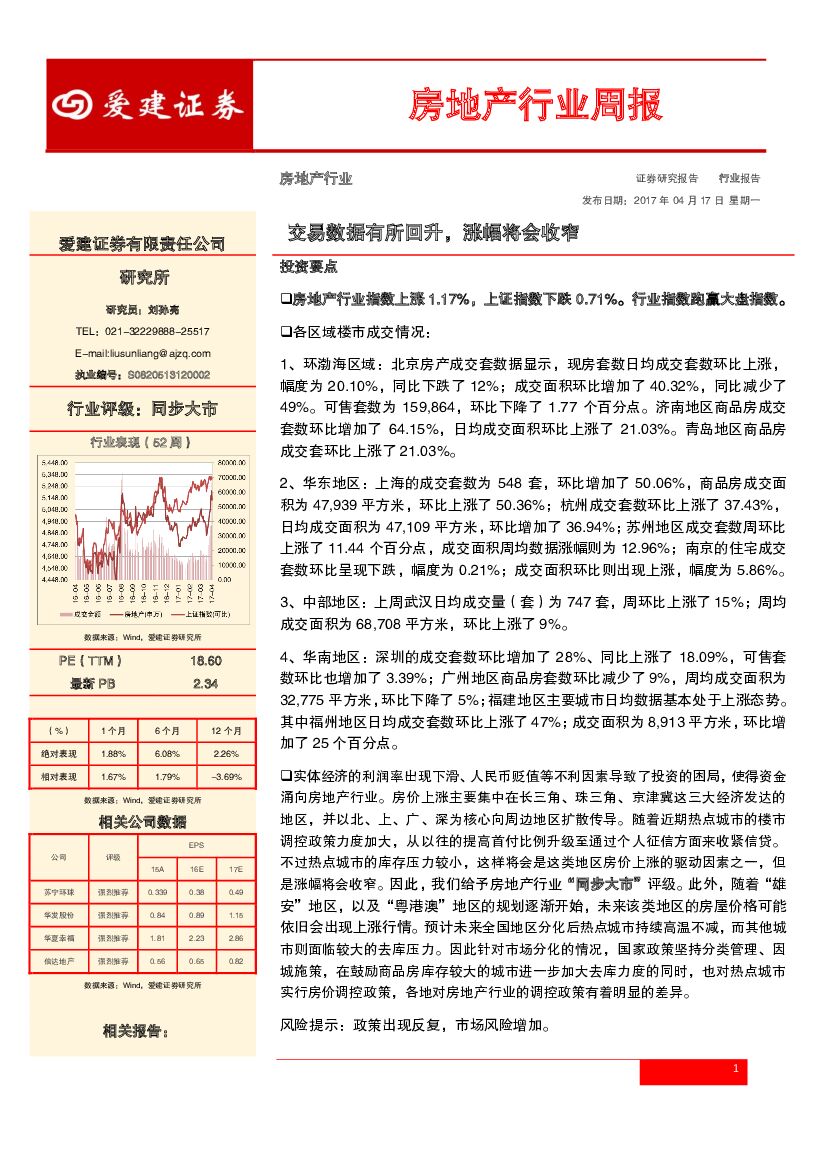 爱建证券：房地产行业周报：交易数据有所回升，涨幅将会收窄