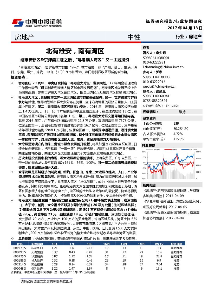 中投证券：房地产行业专题研究：北有雄安，南有湾区：继雄安新区&京津冀主题之后，“粤港澳大湾区”又一主题投资
