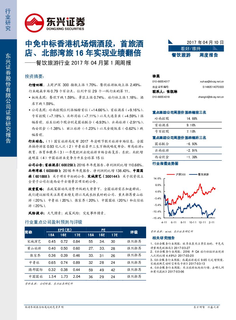 东兴证券：餐饮旅游行业2017年04月第1周周报：中免中标香港机场烟酒段，首旅酒店、北部湾旅16年实现业绩翻倍