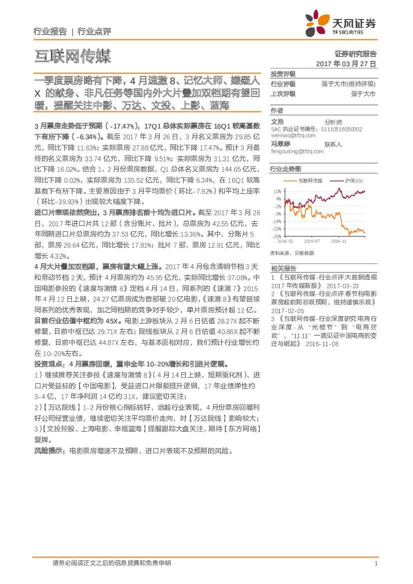 天风证券：互联网传媒行业点评：一季度票房略有下降，4月速激8、记忆大师、嫌疑人X的献身、非凡任务等国内外大片叠加双档期有望回暖，提醒关注中影、万达、文投、上影、蓝海
