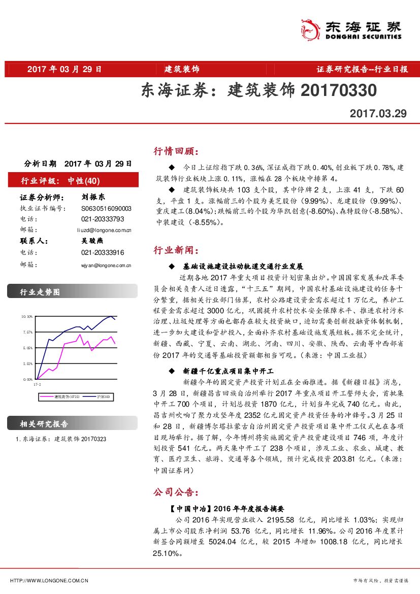 东海证券：建筑装饰行业日报