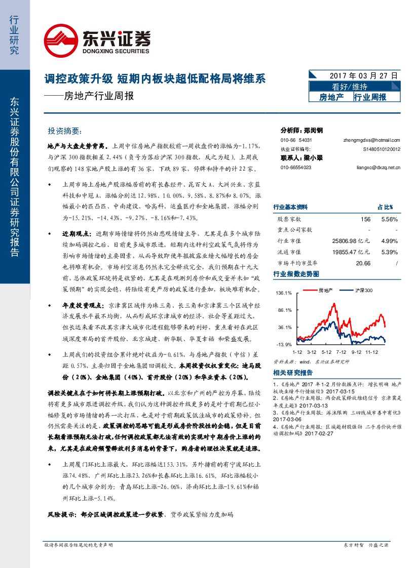 东兴证券：房地产行业周报：调控政策升级 短期内板块超低配格局将维系