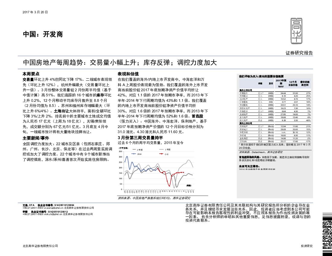 高华证券：中国房地产每周趋势：交易量小幅上升；库存反弹；调控力度加大