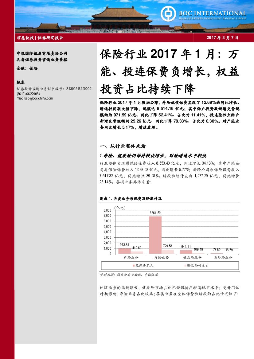 中银国际：保险行业2017年1月：万能、投连保费负增长，权益投资占比持续下降