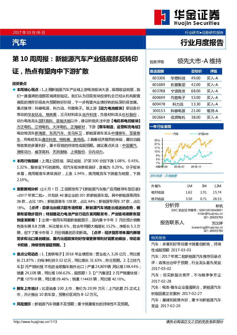 华金证券：汽车第10周周报：新能源汽车产业链底部反转印证，热点有望向中下游扩散