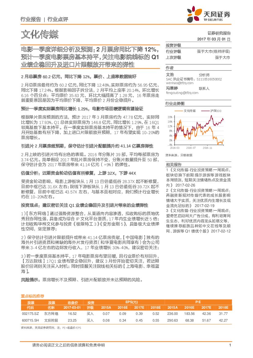 天风证券：文化传媒：电影一季度详细分析及预测：2月票房同比下降12%，预计一季度电影票房基本持平，关注电影院线标的Q1业绩企稳回升及进口片限额放开带来的弹性