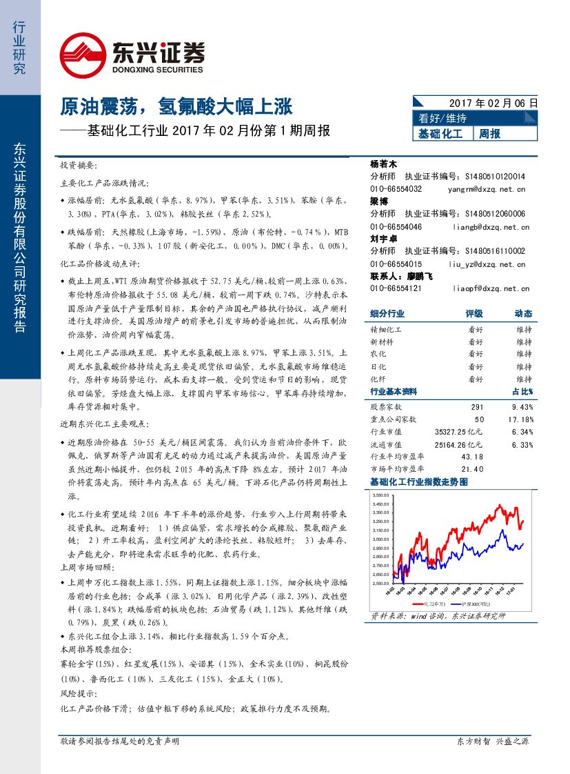 东兴证券：基础化工行业2017年02月份第1期周报：原油震荡，氢氟酸大幅上涨