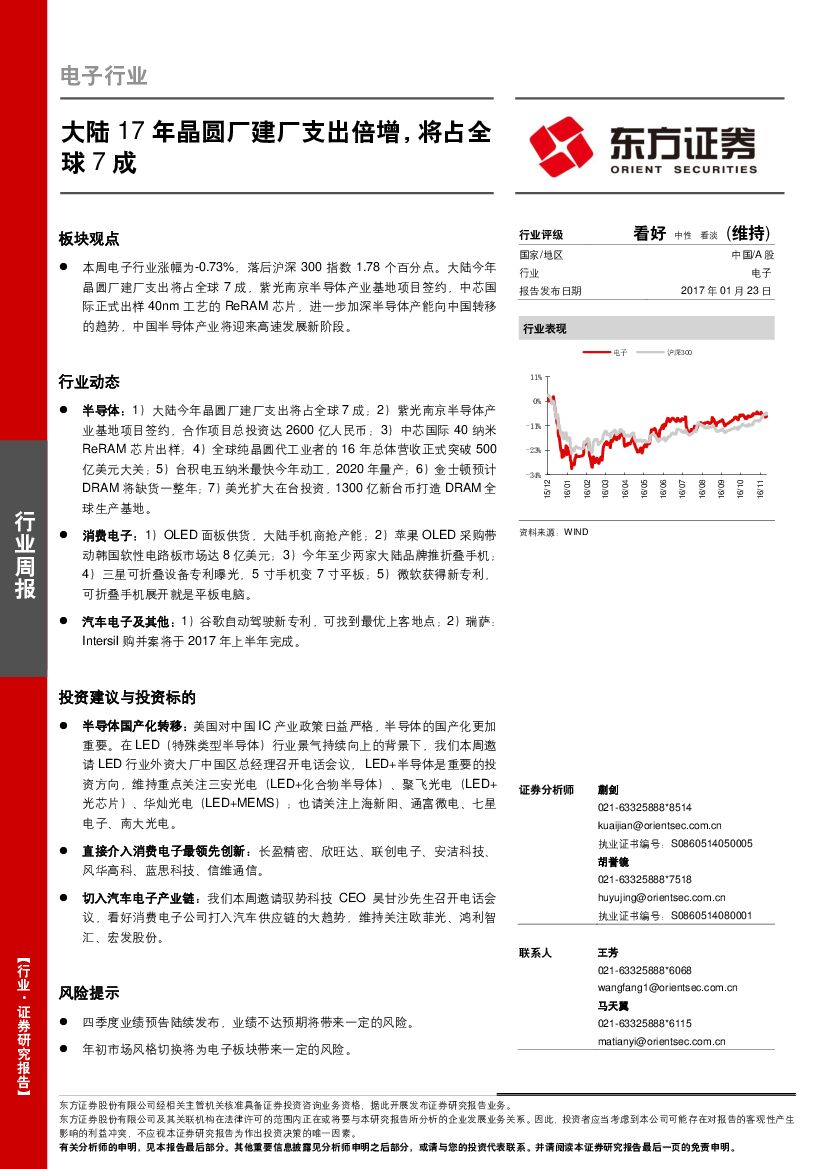 东方证券：电子行业周报：大陆17年晶圆厂建厂支出倍增，将占全球7成