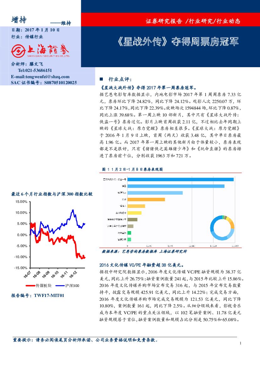 上海证券：《星战外传》夺得周票房冠军