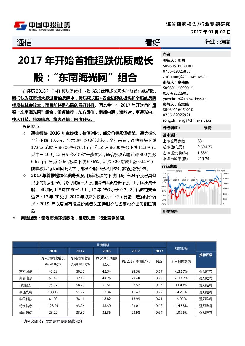 中投证券：通信行业专题研究：2017年开始首推超跌优质成长股：“东南海光网”组合