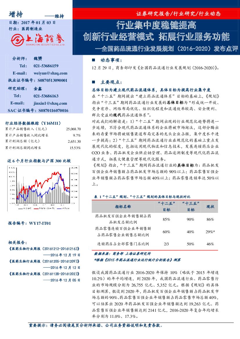 上海证券：全国药品流通行业发展规划（2016-2020）发布点评：行业集中度稳健提高创新行业经营模式 拓展行业服务功能
