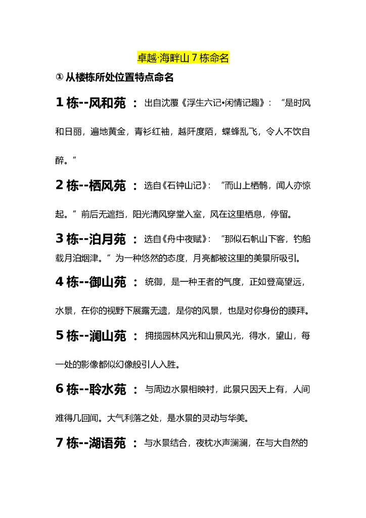 #命名文案# 【卓越海畔山7栋命名文案】