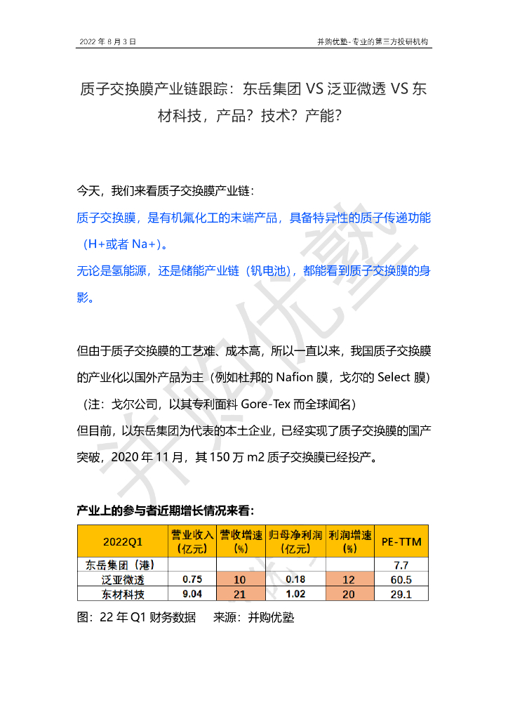 并购优塾：质子交换膜产业链跟踪：东岳集团VS泛亚微透VS东材科技，产品？技术？产能？海报