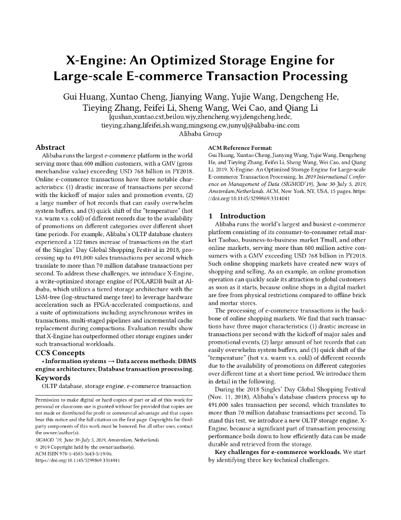 X-Engine:An Optimized Storage Engine for Large-scale E-commerce Transaction Processing