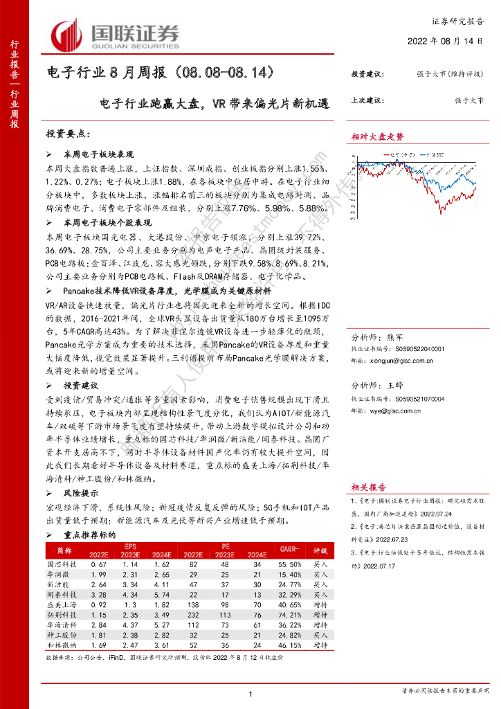 国联证券：电子行业8月周报：电子行业跑赢大盘，<em>VR</em>带来偏光片新机遇 海报