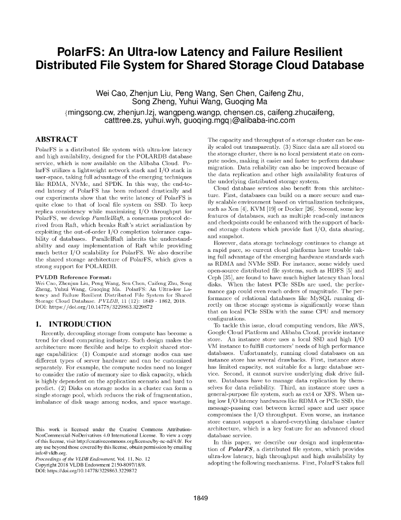 PolarFS:An Ultra-low Latency and Failure Resilient Distributed File System for Shared Storage Cloud Database