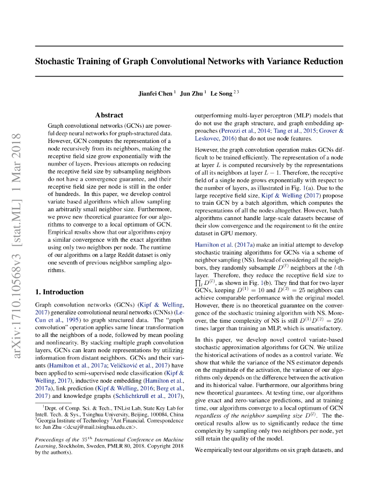 Stochastic Training of Graph Convolutional Networks with Variance Reduction