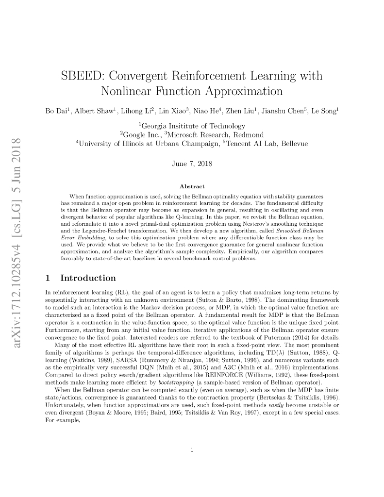 SBEED:Convergent Reinforcement Learning with Nonlinear Function Approximation