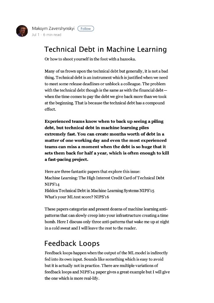Technical debt in machine learning