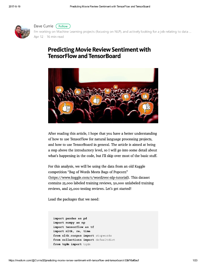 Predicting Movie Review Sentimentwith Tensor Flowand Tensor Board